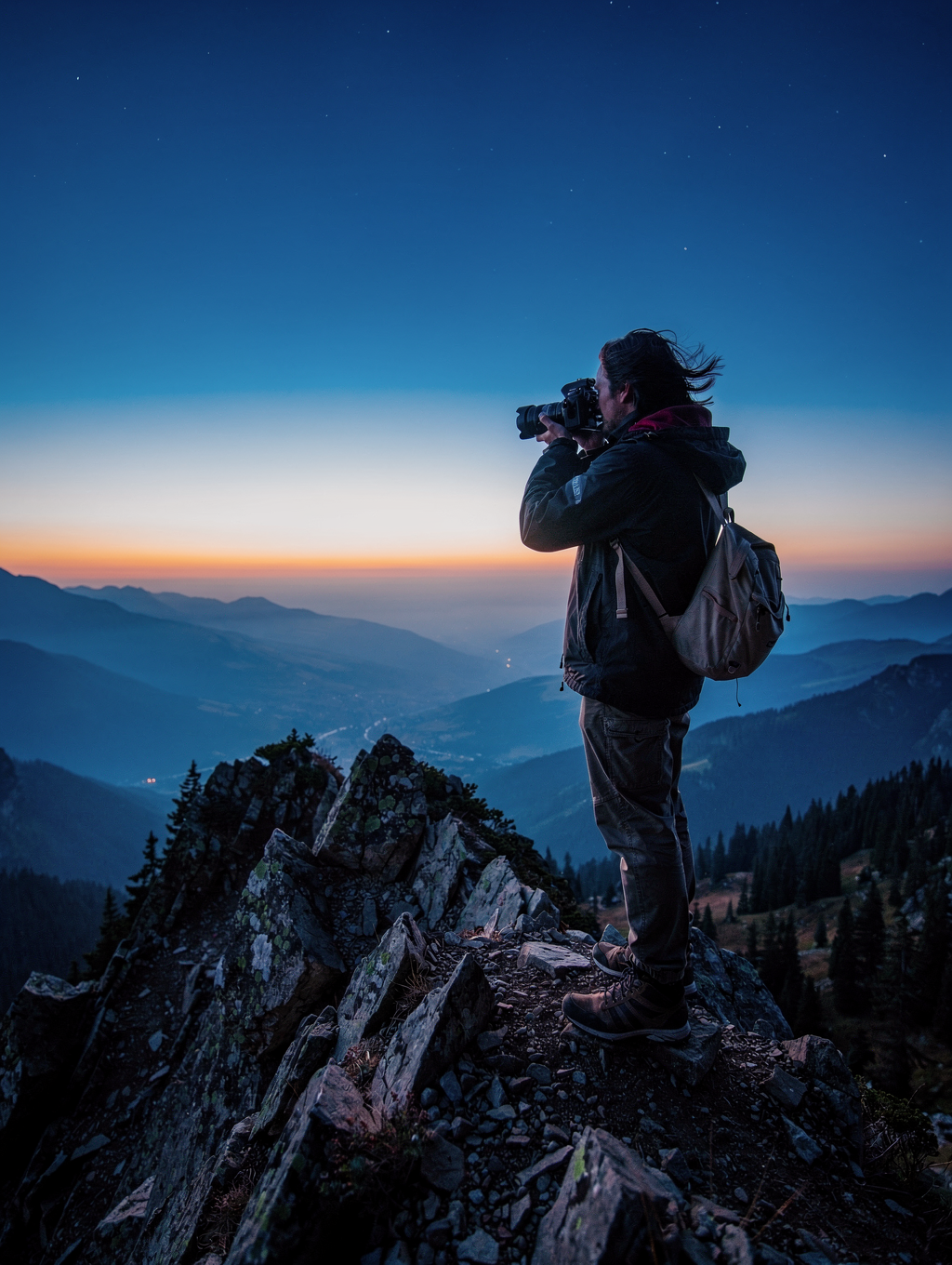 Landscape photographer on location amidst remote glacier peaks