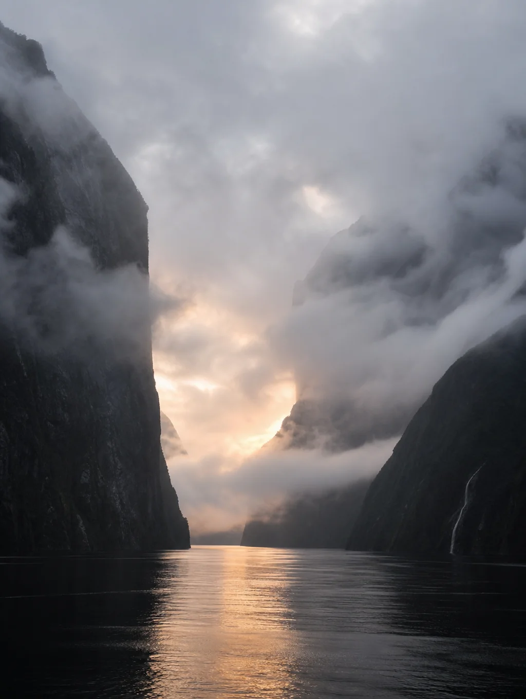Low hanging mist over the deep waters of Milford Sound