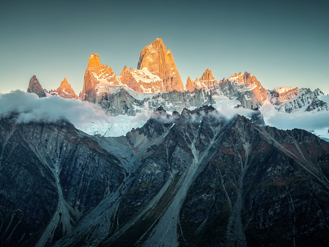 Alpenglow hitting the jagged granite peaks of Patagonia